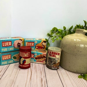 Lot/Vintage Advertising Kitchen Baking Containers, Vintage Calumet Baking Powder, Clabber Girl, LUER Pure Lard, NOS, Farmhouse Kitchen