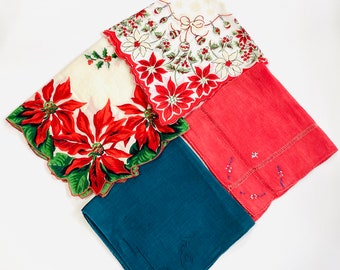 Vintage Christmas Cotton Handkerchiefs: Poinsettia & Holly Hankies