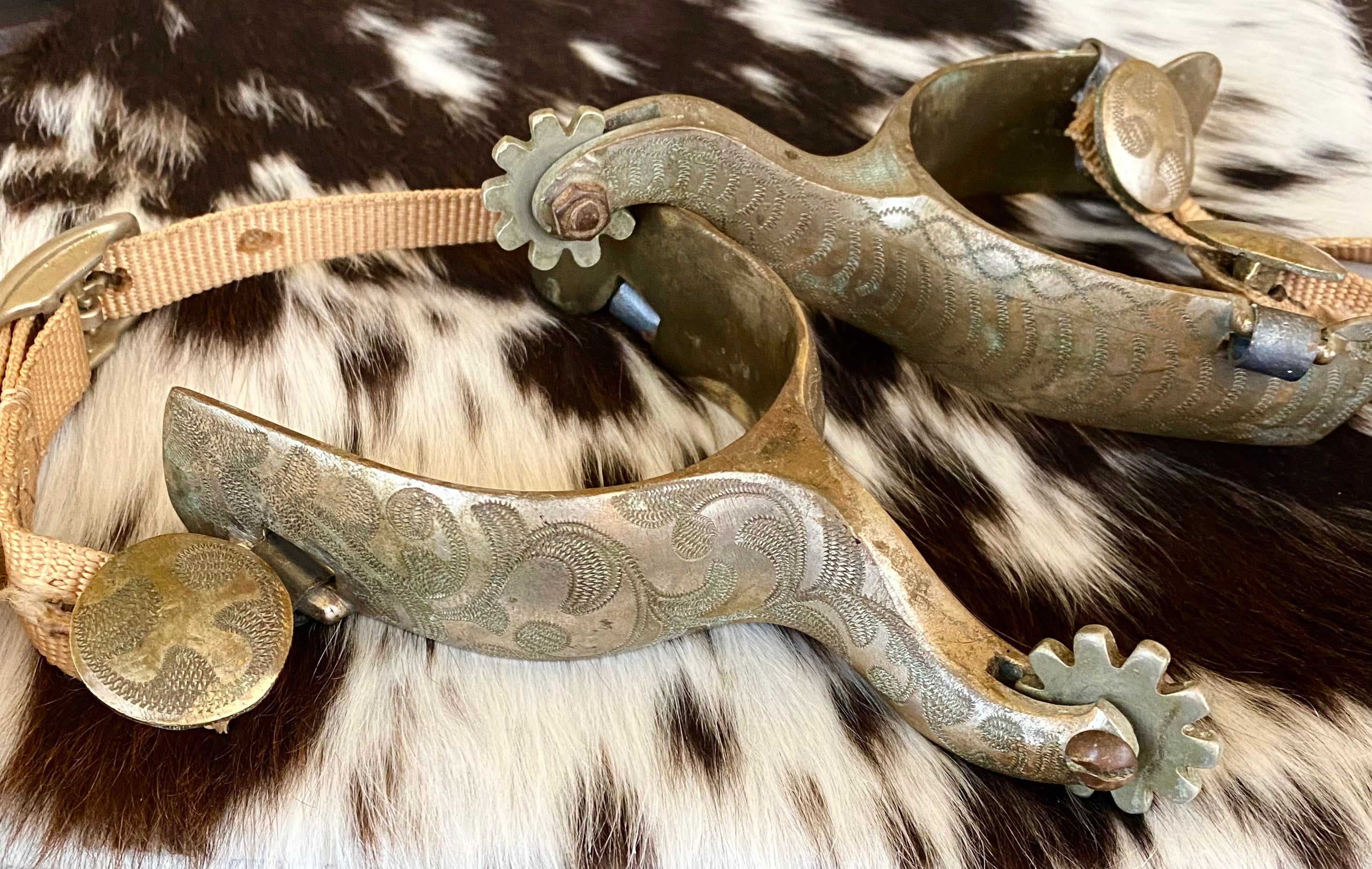 Antique Mexican Charro Spurs Amozoc Style, Distressed Inlaid Silver and  Tooled Leather Straps