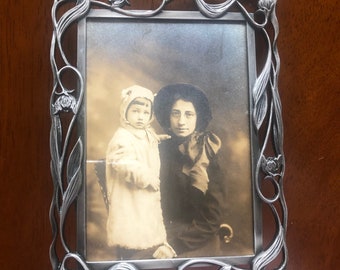 Edwardian Mother & Child Sepia Photo Postcard in Pewter Frame