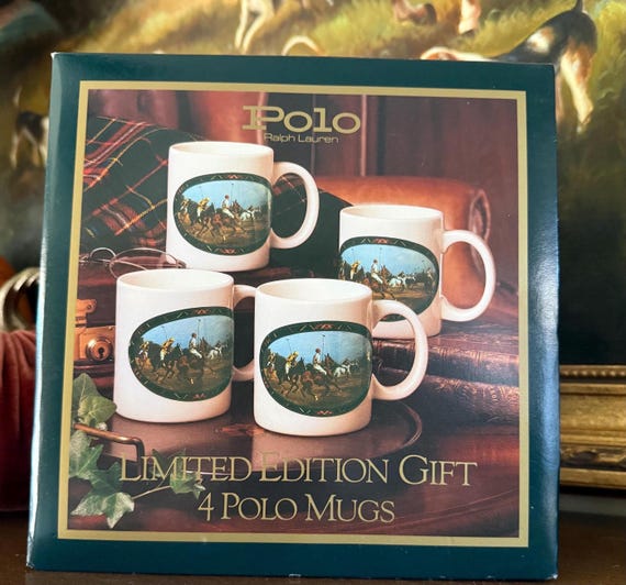Polo Ralph Lauren, Set of Four NOS Limited Edition Polo Ralph Lauren Equestrian Mug Set, Equestrian Mugs, Country Club Decor