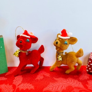 Two / Vintage Christmas Flocked Reindeer Ornaments, 4&quot;, Midcentury Reindeer, Reindeer Figurines, Reindeer Blow Mold