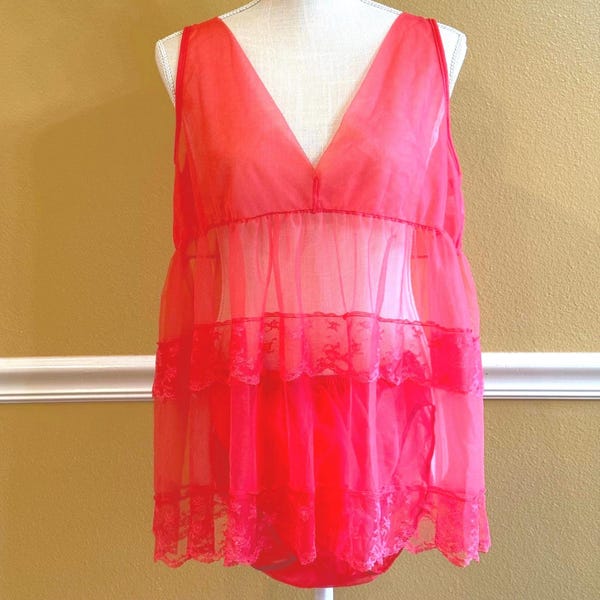 1960s Berkliff Pink Sheer Baby Doll Lingerie, Chiffon Lace Babydoll, Chiffon Teddy, Sexy Lingerie, Babydoll, Size M, 36, Nightie, Negligee