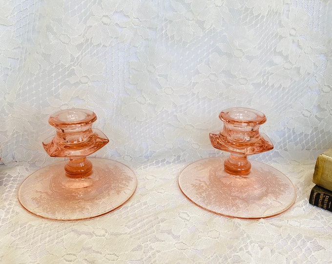 1930s Set of Two Pink Depression Glass Candlesticks Art Deco Etsy