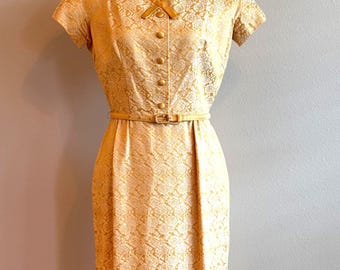 1960s Gay Gibson Yellow Floral Brocade Sheath Dress, Size 13-XXS-XS, MCM Dresses, Jackie O Style Dress