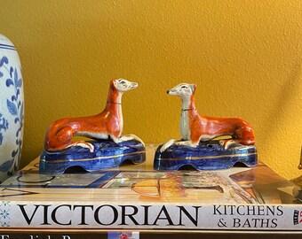 Pair Antique Staffordshire Greyhound Whippets, Staffordshire Wally Dogs, Staffordshire Dogs, Mantel Dogs, Greyhound, Grand Millennial