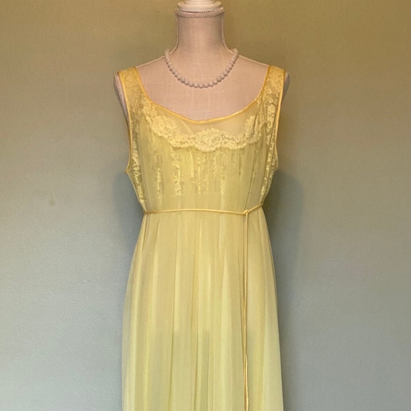 1960s Yellow Ruffled Chiffon Lace Nightgown, 36/M-L, Peekaboo Nightgown, 60s Nightgowns/MCM Sleepwear, 60s Loungewear, 60s Nightwear