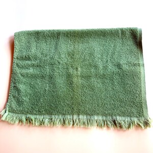 May include: A sage green bath towel with a fringed edge. The towel is rectangular and has a plush, absorbent texture. The fringe is a lighter shade of green. The towel is folded and lies on a light pink surface.