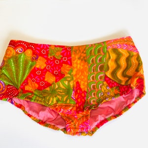 60s 70s Low Rise Hip Hugger Bathing Suit Bottom, L-8-10, Mod Hippe, Neon Psychedelic Swim Short, Flower Power, Gogo Swim Shorts, Groovy