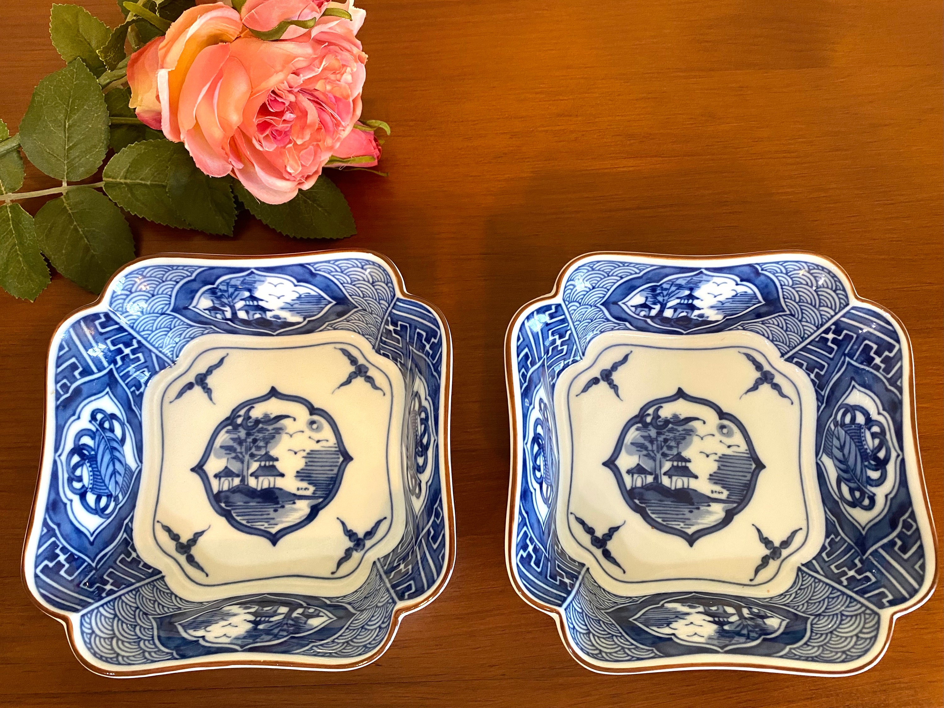 Andrea by Sadek Blue and White Square Bowls, 5.5", Set Two, Qinghua, Chinoiserie, Grand Millennial, Asian Bowls, Catchall, Candy Dish