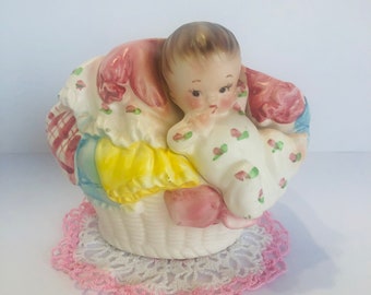 Napcoware 1950s Baby in a Basket Ceramic Planter/Vase C-5575, Japan, Vtg, MCM, Nursery Decor, Baby Shower Gift, Retro Decor, Kitschy