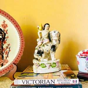 Staffordshire Dog Figurine with Lady - Reproduction - Victorian Mantle Dog, English Spaniel Dog, Dog Statue, Renaissance Style