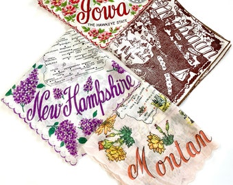 Vintage 1950s Lot of Four/Vintage State Map Hankies, Vintage Handkerchiefs, Wedding Favors, Map Hankie, Souvenir Hankie