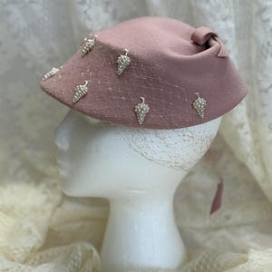1960s Pink Wool Fascinator Hat: Pearl Embellished Bridal Caplette