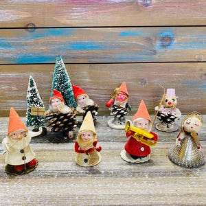 1950s Putz Christmas Elves, Spun Cotton & Pinecone Elf Gnomes