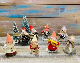 1950s Putz Christmas Elves, Spun Cotton & Pinecone Elf Gnomes