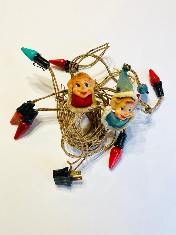 Two Vintage Christmas Elf Ornaments, Mid-Century Felt Pixie Ornament, Picie Head Ornaments