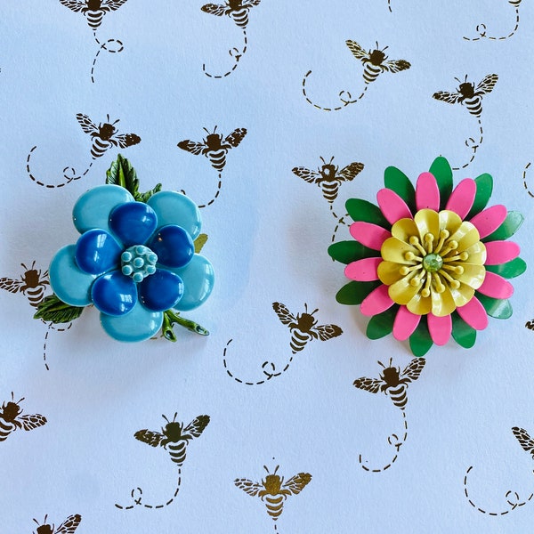 Two/ Vintage 1960s Enamel Flower Brooch, Vintage Flower Pin, Midcentury Brooches, Floral Brooch, Flower Pins, Flower Power