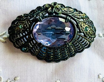 Victorian Amethyst Brooch: Art Nouveau Brass Filigree Pin