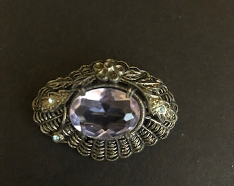 Antique Victorian Amythyst Paste Brooch, Art Nouveau, Amethyst/Aquamarine/Brass Brooch/Pin, Estate Jewelry, Shabby, Antique Jewelry