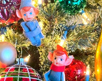 Pair 1950 60s Christmas Pixie Elf, 3 1/2", Pixie Knee Hugger, Vintage Pixie Elf, Midcentury Christmas Ornaments