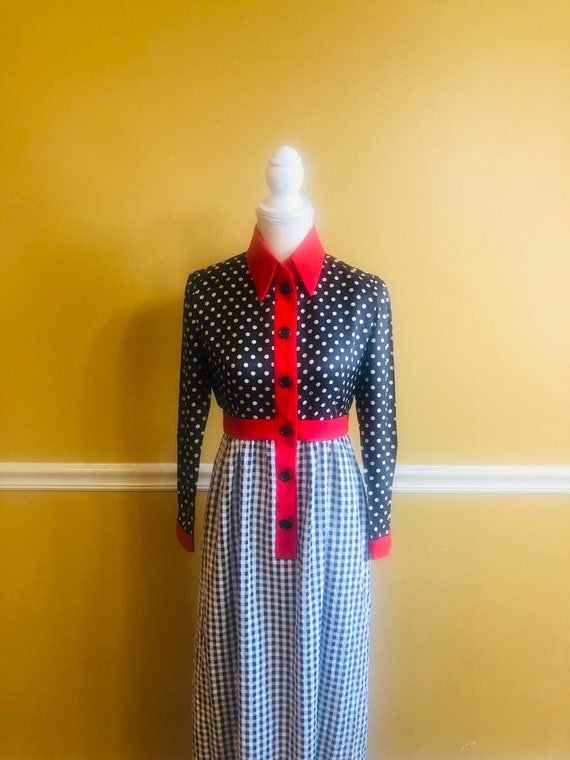 1960s-1970s Vintage Maxi Dress, Polka Dot/Plaid D… - image 3