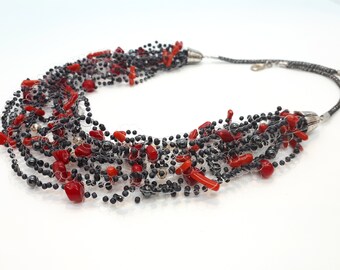 Branch coral necklace Multi strand coral bead necklace Hematite seed beads Red coral beads Floating illusion necklace Modernist boho