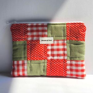 Cute Red Patchwork Zipper Pouch, Repurposed Quilted Organization Bag