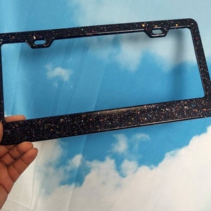 Pretty Black with Holographic Glitter, resin license plate bumper frame, sparkling bright auto girly women cute car exterior decor accessory image 2