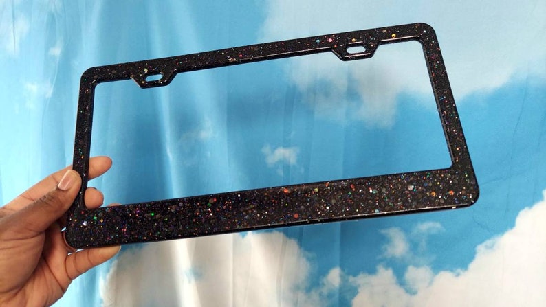 Pretty Black with Holographic Glitter, resin license plate bumper frame, sparkling bright auto girly women cute car exterior decor accessory image 5