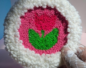 Tulip Punch Needle Coaster, Fluffy Edge Mug Rug