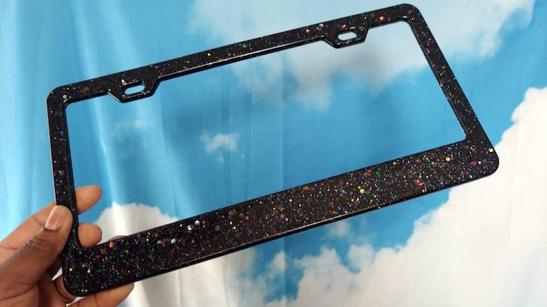 Pretty Black with Holographic Glitter, resin license plate bumper frame, sparkling bright auto girly women cute car exterior decor accessory image 3
