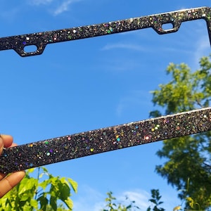 Pretty Black with Holographic Glitter, resin license plate bumper frame, sparkling bright auto girly women cute car exterior decor accessory image 1