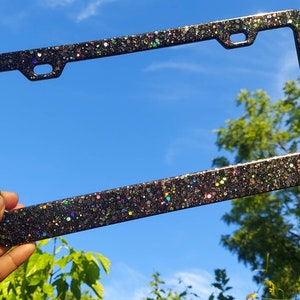 Pretty Black with Holographic Glitter, resin license plate bumper frame, sparkling bright auto girly women cute car exterior decor accessory