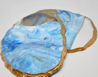 2 piece blue marble agate geode slice inspired resin coaster set with gold gilded trim