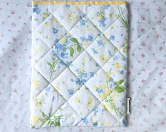 Quilted Fabric Book Protector | Pretty Blue and Yellow Upcycled Floral Book Sleeve (8x10)