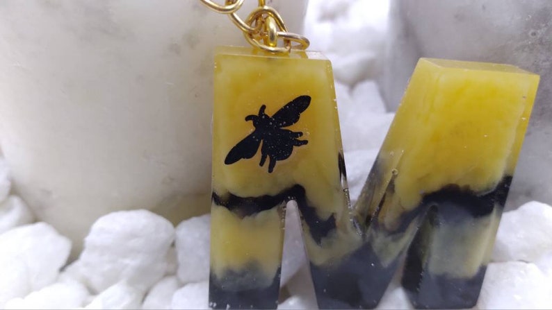 Cute Custom Initial Letter Black and Yellow Striped Bee Personalized keychain accessory