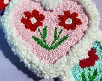 Floral Heart Shaped Coaster, punch needle folk art inspired with a raised edge