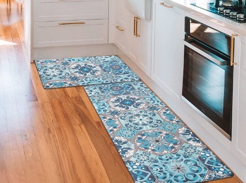 Teal Blue Kitchen Mats Set of 2 Cushioned Anti Fatigue Kitchen Rugs  Waterproof Non Slip Kitchen Runner PVC Leather Memory Foam Kitchen Floor  Mat