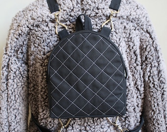 Mini Convertible + Adjustable Backpack (solid black +  square quilted + white stitching)