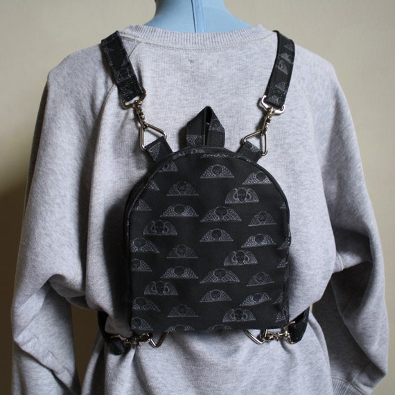 black denim mini backpack Mini Convertible + Adjustable Backpack (denim Memento Mori Winged Skull)