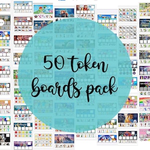 May include: A collection of 50 token boards featuring various themes, including cartoon characters and educational designs. Each board has spaces for tokens and visual cues. The text "50 token boards pack" is displayed in black script.
