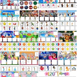 Może przedstawiać: Zestaw wykresów nagród z postaciami z kreskówek, w tym superbohaterami, Baby Shark i postaciami z Toy Story, Sonic i filmów Disneya. Każdy wykres ma miejsce na żetony i frazę "I am working for:" u góry.