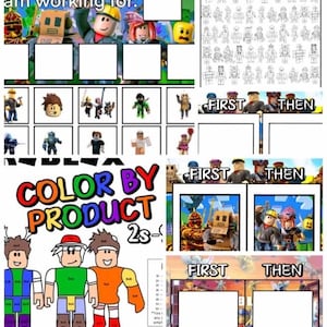 Puede incluir: Un collage con imágenes y texto temáticos de Roblox. El texto incluye "am working for:" y "COLOR BY PRODUCT 2s-". Las imágenes incluyen personajes de Roblox y una comparación "FIRST THEN".