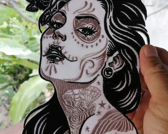 Make up Punk lady girl Skull vintage art Sugar Rose Hot biker Suymbol Embroidered Iron on Sew Patch
