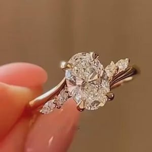 3 CT Unique Oval Cut Solitaire Side Marquise Moissanite Engagement Ring 14K Solid Gold Ring Gift For Her Wedding Ring Anniversary Ring Gifts