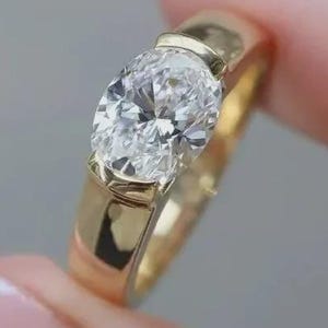 2 CT Oval Cut Engagement Ring, East-West Oval Cut Moissanite Engagement ring of Half Bezel Set, Solitaire Wedding Ring, Gift For Her