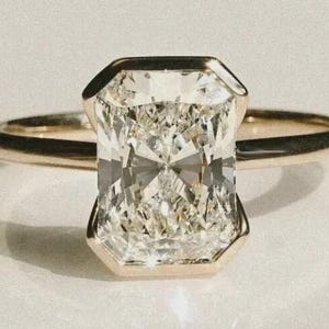 3CT Radiant Cut Half Bezel Set Ring, Radiant Cut Solitaire Ring, 14K Solid Gold Ring Half Bezel Set Solitaire Engagement Rings for Women