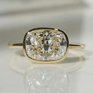 Handmade 2.5CT Elongated Cushion Cut Lab Diamond East West 14K Gold Bezel Ring