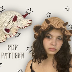 PDF crochet cow hat PATTERN | handmade cow bucket hat with ears and horns pattern | goat / cow / animal hat crochet instructions